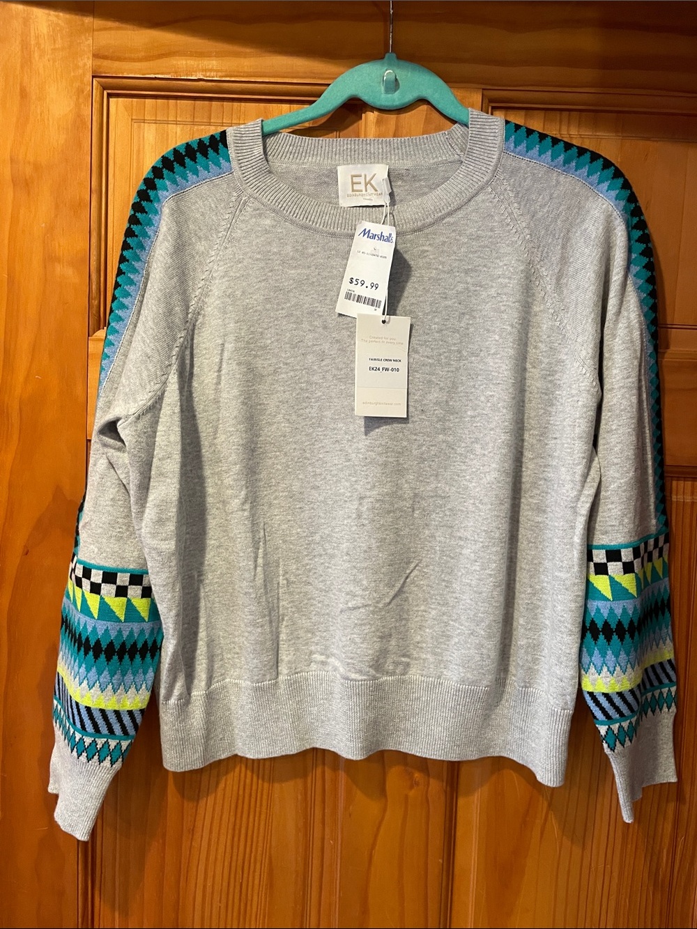 Edinburgh Knitwear Gray Crewneck Sweater with Teal & Navy Patterned Sleeves